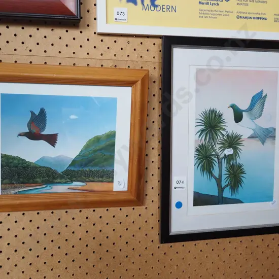 2x framed bird prints - blue dots