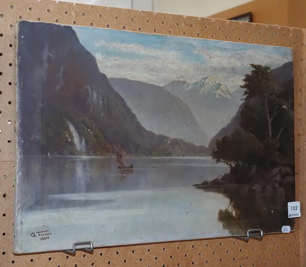G Turner 1894 - oil on canvas - lake and mountain scene - significant damage Image 1++