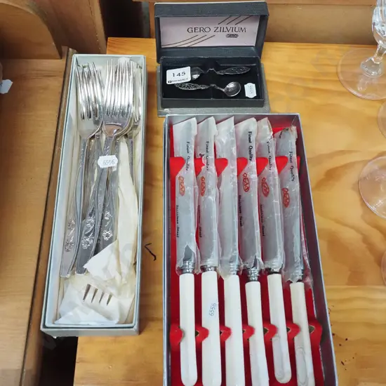 bone handled knives, mustard spoons, forks