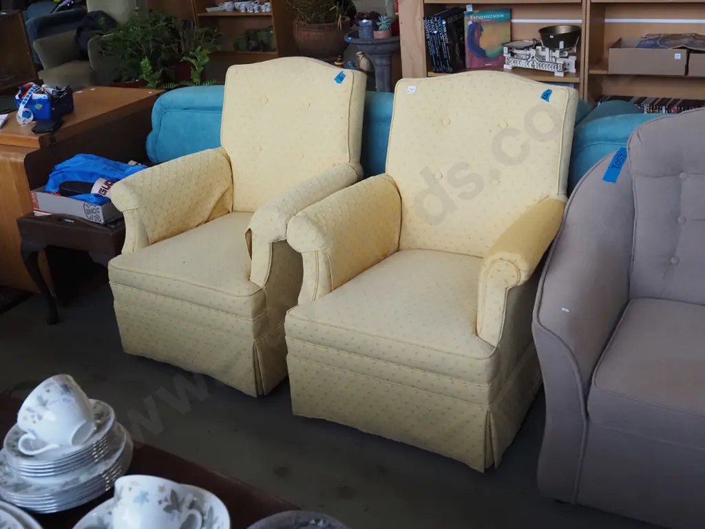 2x yellow upholstered deep buttoned armchairs  Image 1++