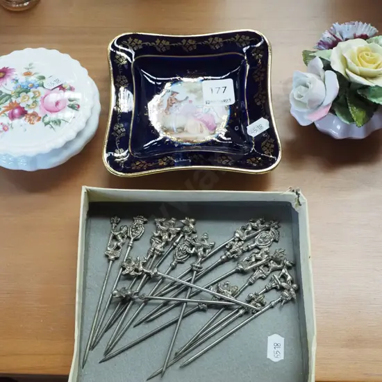 floral spray, Coalport trinket dish, Limoges dish, various skewers