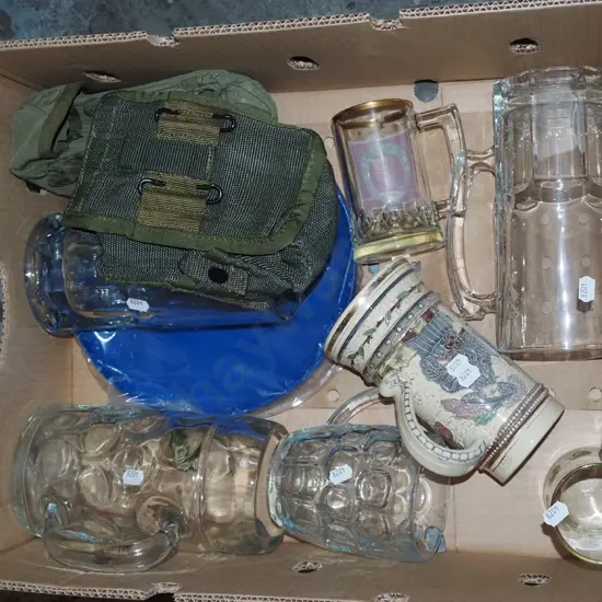 box; brass beer beer steins, equipment pouches