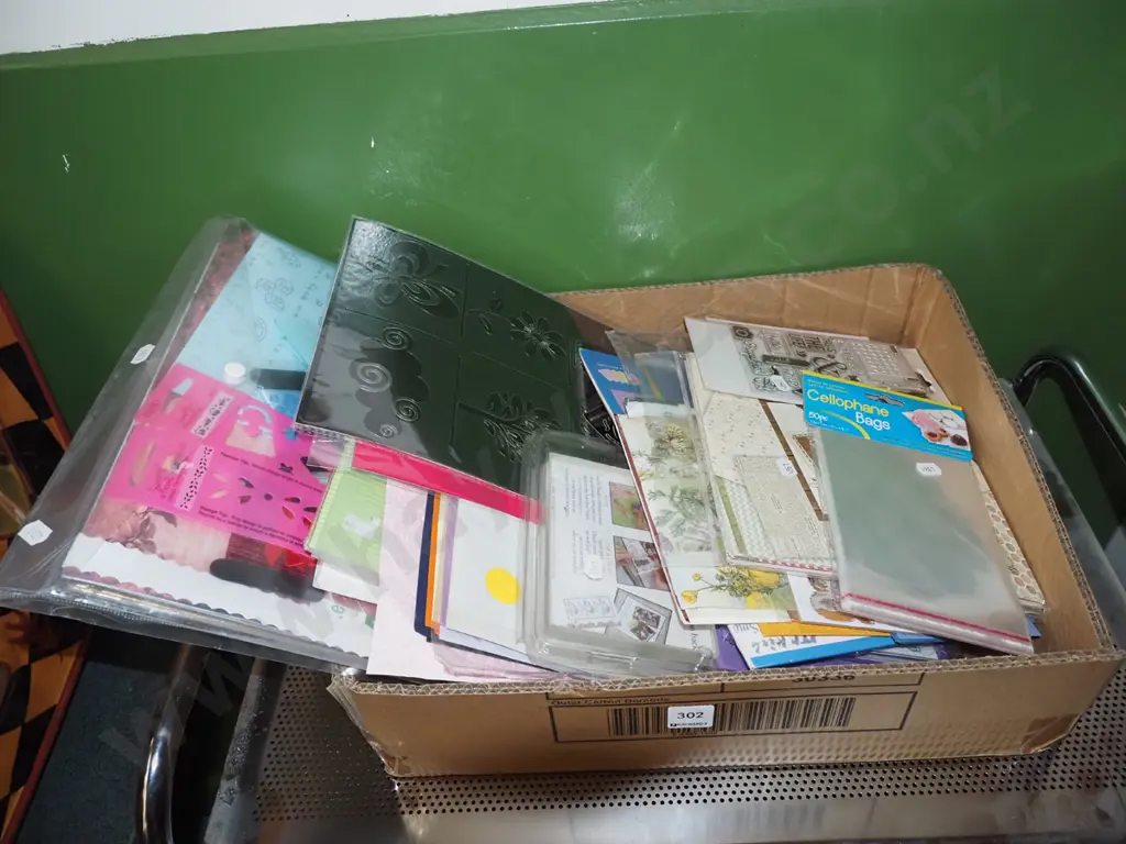 box; crafters supplies, cellophane bags,coloured paper, stencils etc Image 1++