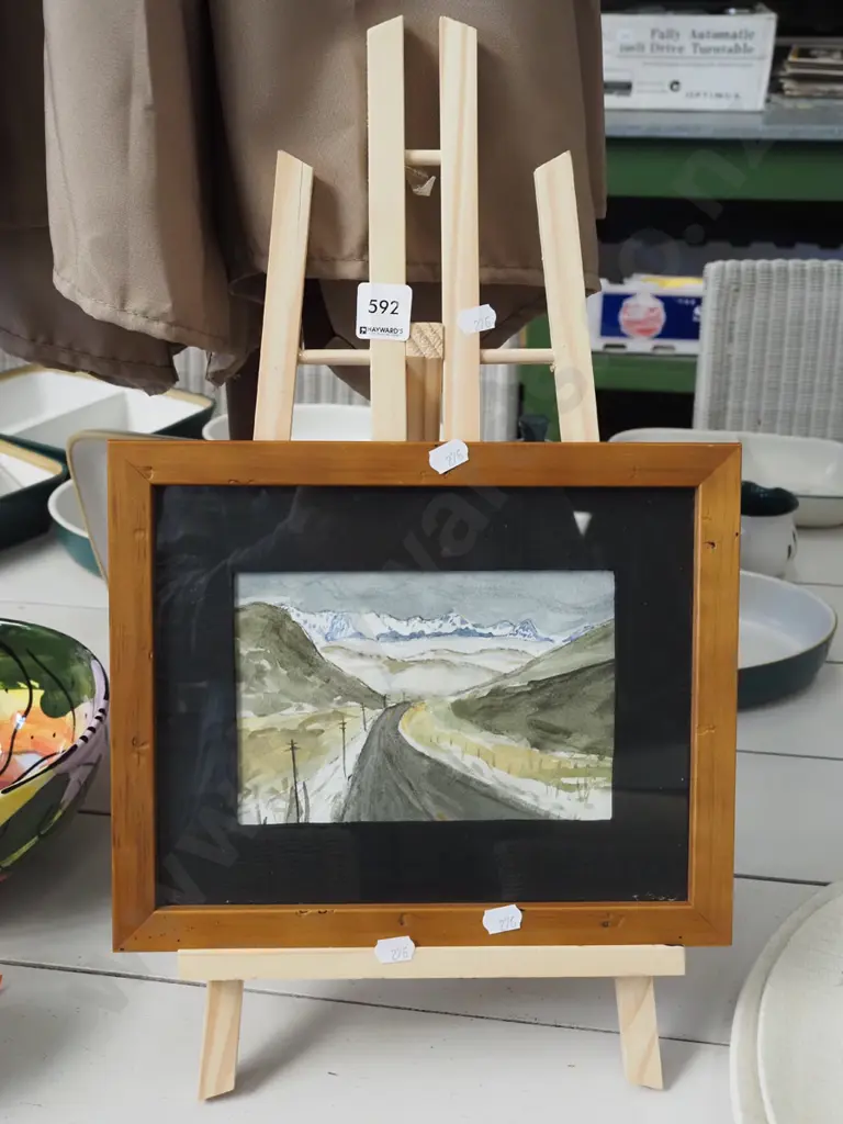 L.J Hamel - framed watercolour - Road to Arthurs Pass, wooden easel Image 1++