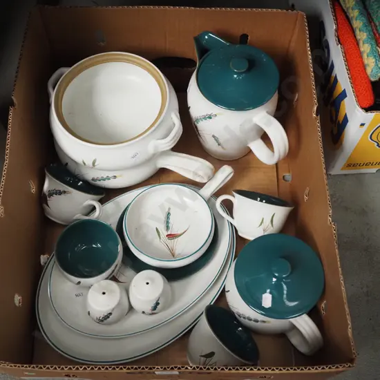 Denby green wheat ashets, cups, jug etc - missing 2 lids