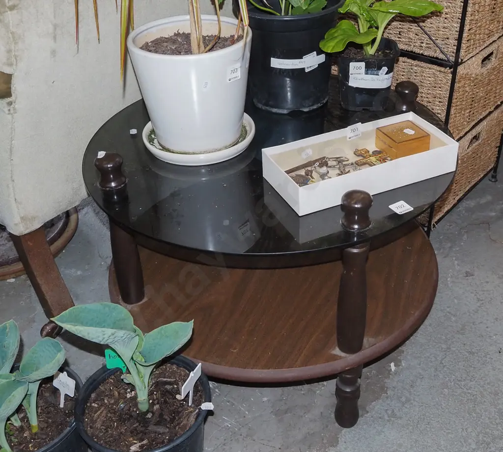 wood and smoked glass top circular end table H440 Diam600 Image 1++