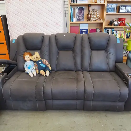 grey upholstered 3 seater settee - armrest storage cabinets, recline and incline buttons