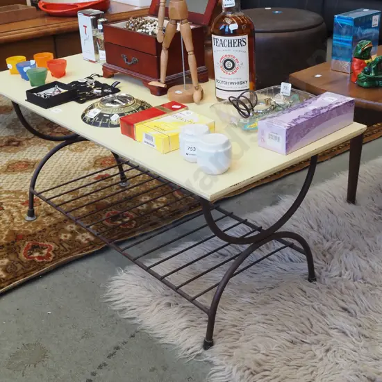 painted mid century metal based wood topped table
