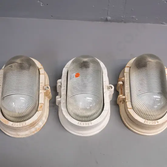 3 vintage cast metal Lacent England Type X marine bulkhead light fittings with glass shades, Australian registration #
