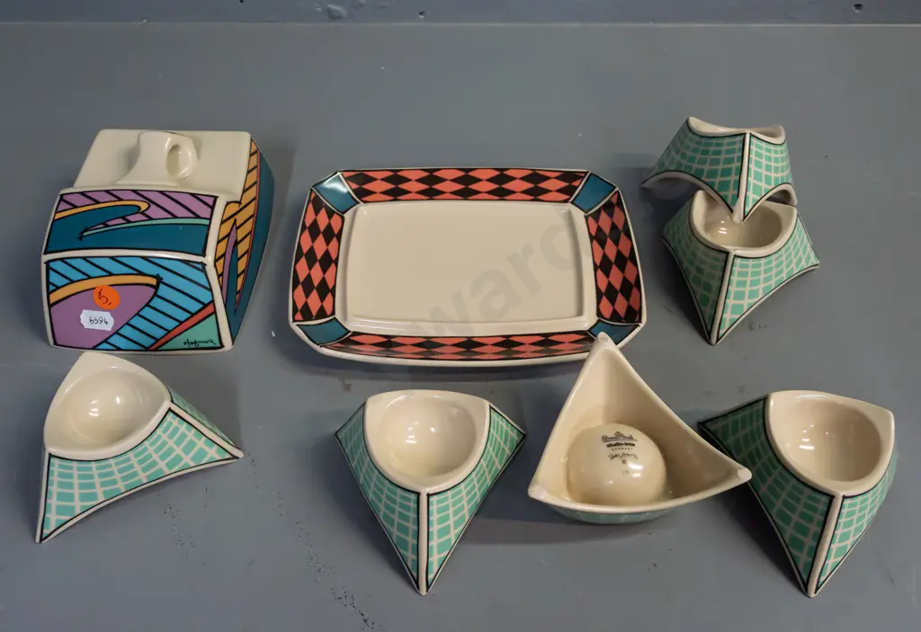 1980s Rosenthal Dorothy Hafner "Flash" pattern tableware - covered butter dish L-195 W-150 and 6 egg cups, 2 egg cups Image 1++
