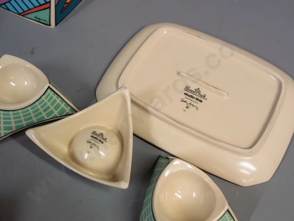 1980s Rosenthal Dorothy Hafner "Flash" pattern tableware - covered butter dish L-195 W-150 and 6 egg cups, 2 egg cups Image 1++