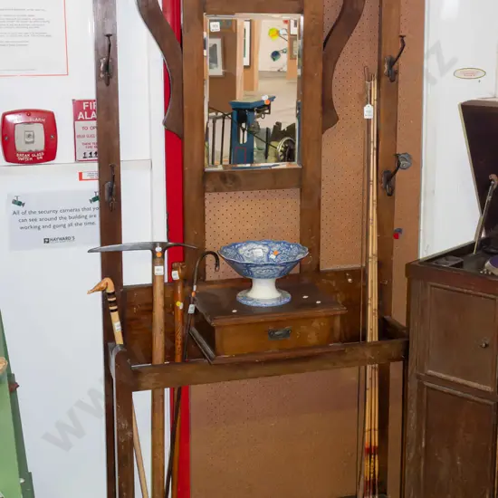 nouveau style beech hall stand with bevelled edge mirror, 6 cast metal hooks, central drawer, 2 umbrella stand trays -