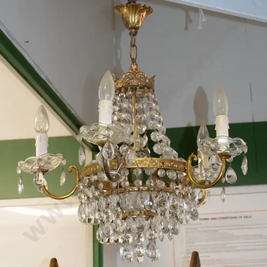 retro ceiling light fitting, brass finish cast metal with glass lustres, 5x faux candle light fittings