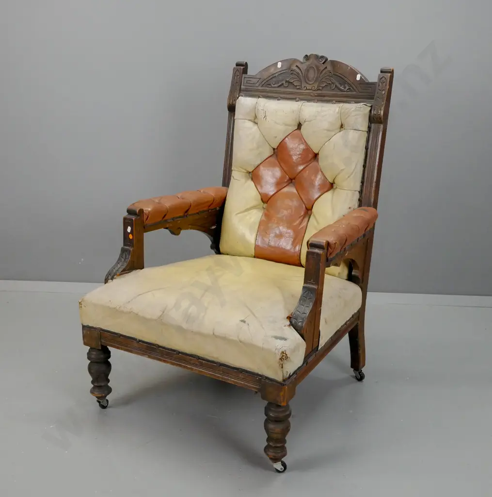 Victorian dark stained kauri & rimu open-arm leather upholstered armchair w/deep button back, fan shaped arm brackets, Image 1++