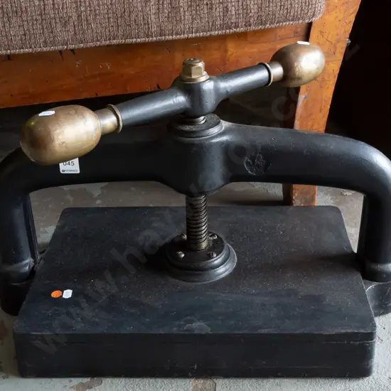 vintage heavy book press, no maker's marks - brass caps to handle - minor corrosion H-400 W-600 D-300