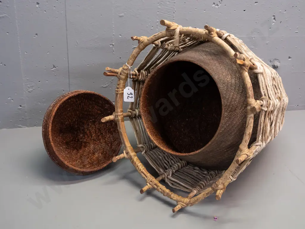 large Somali woven cane, twig and hide camel milk container and outer holder - purchased 1993 in Mogadishu - inside has Image 1++