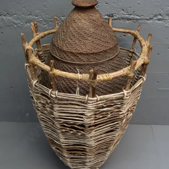large Somali woven cane, twig and hide camel milk container and outer holder - purchased 1993 in Mogadishu - inside has