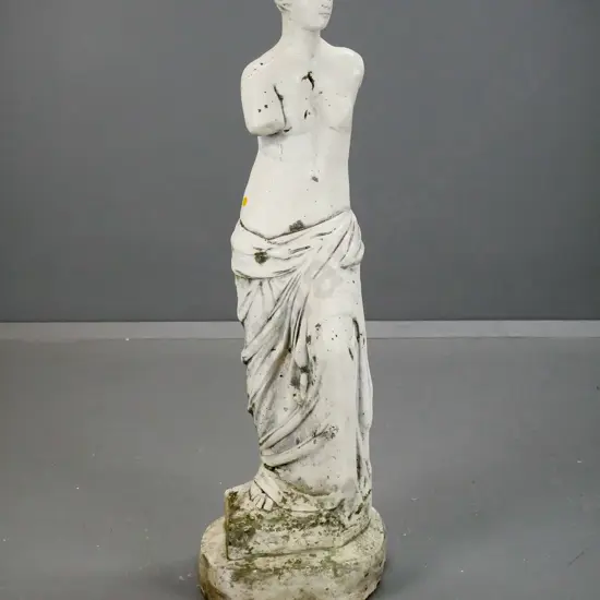 heavy cast concrete white painted Venus garden statue - some chips, paint wear and moss/lichen H-950