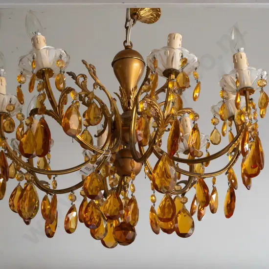 retro ceiling light fitting, brass finish cast metal w/amber glass drops, 8x faux candle light fittings