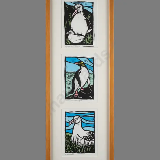 Liz Abbott - framed group of 3 hand painted woodcuts - albatross & penguin H440 W85