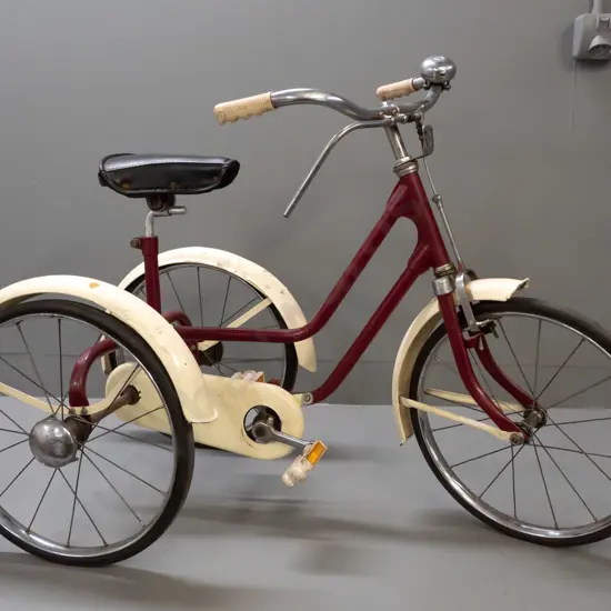 vintage tricycle with rear-wheel chain-drive and front caliper brake - no maker's marks, vinyl seat with "Deluxe Sport"