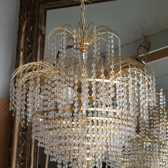 contemporary gold-finish metal and glass chandelier 6-bulb light fitting w/ glass lustres