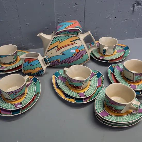1980s Rosenthal Dorothy Hafner "Flash" pattern tea set with teapot, cream jug, 6 cups & saucers, 2 extra saucers and 5