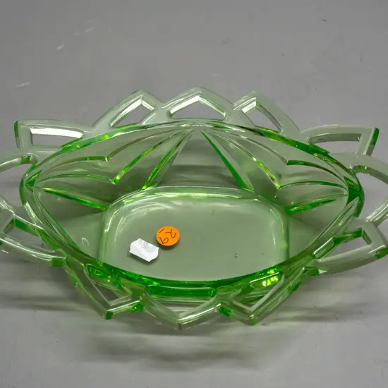 green uranium glass dish with pierced rim H-70 L-240 W-165
