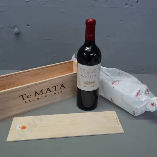 bottle of Te Mata Coleraine 2013 red wine 750ml, with wooden box