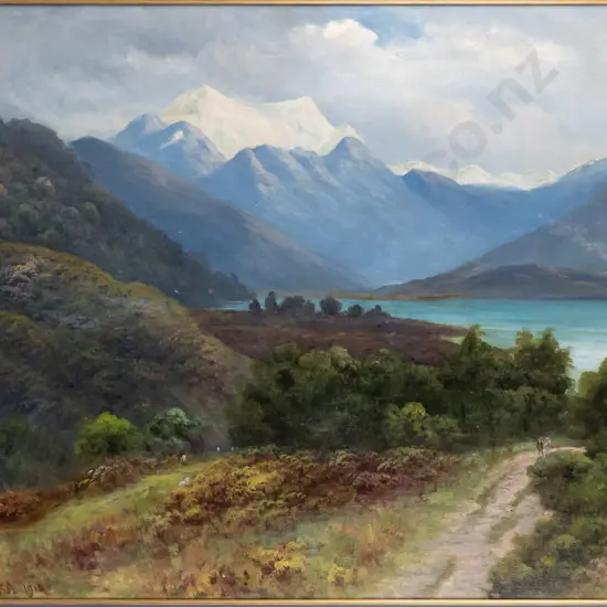 F Brookesmith - framed oil on canvas "South Island high country lake with road" H690 W1040
