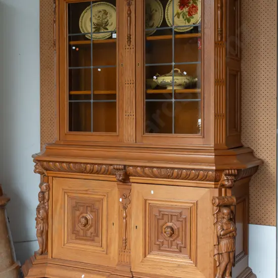 19th C French oak display top sideboard with 2 astragal leadlight glazed doors on top, 2 doors in base, fluted canted