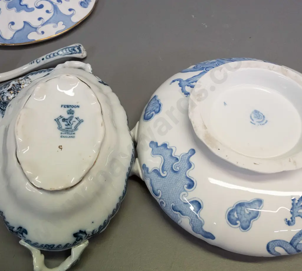 3 vintage china serving items -  Royal Staffordshire Burslem "Festoon" lidded tureen with ladle, a Worcester lidded vege Image 1++