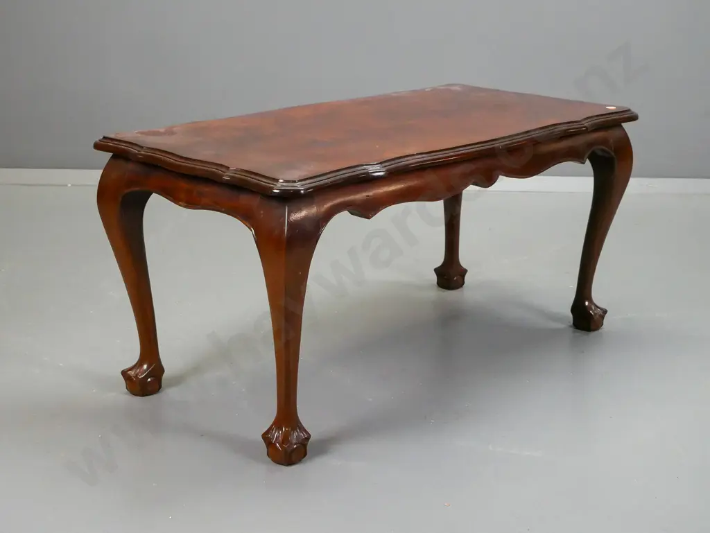 walnut top & mahogany cab leg coffee table with ball and claw feet - some chips/ scratches to laquer finish on top Image 1++