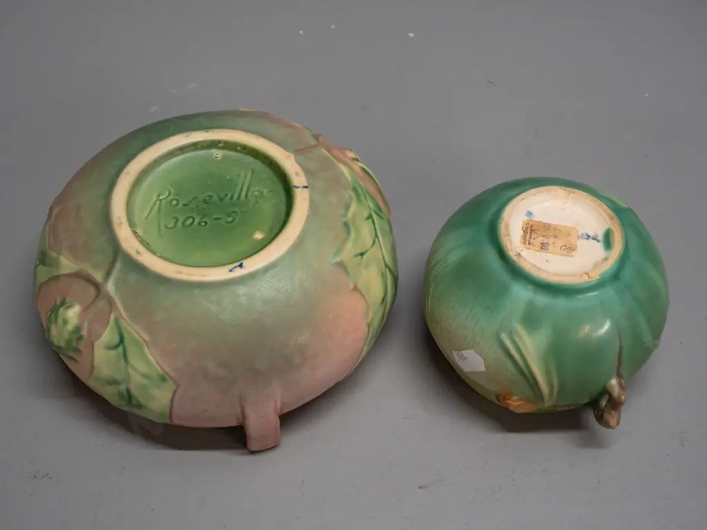 2 vintage Roseville American studio pottery bowls - larger with lug handles H-80 D-170 & smaller with twig handles. Both Image 1++