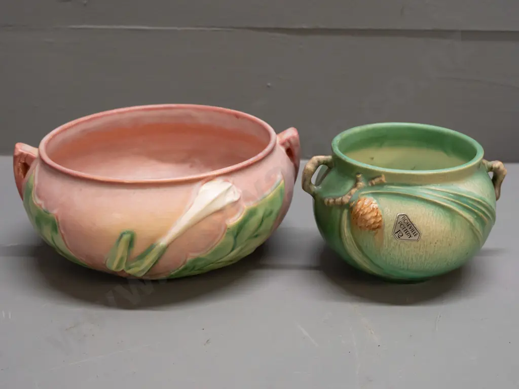 2 vintage Roseville American studio pottery bowls - larger with lug handles H-80 D-170 & smaller with twig handles. Both Image 1++