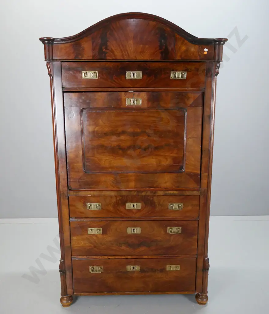antique French walnut secretaire w/ 4 main drawers, 8 drawers and cupboard inside drop front writing area, figured Image 1++