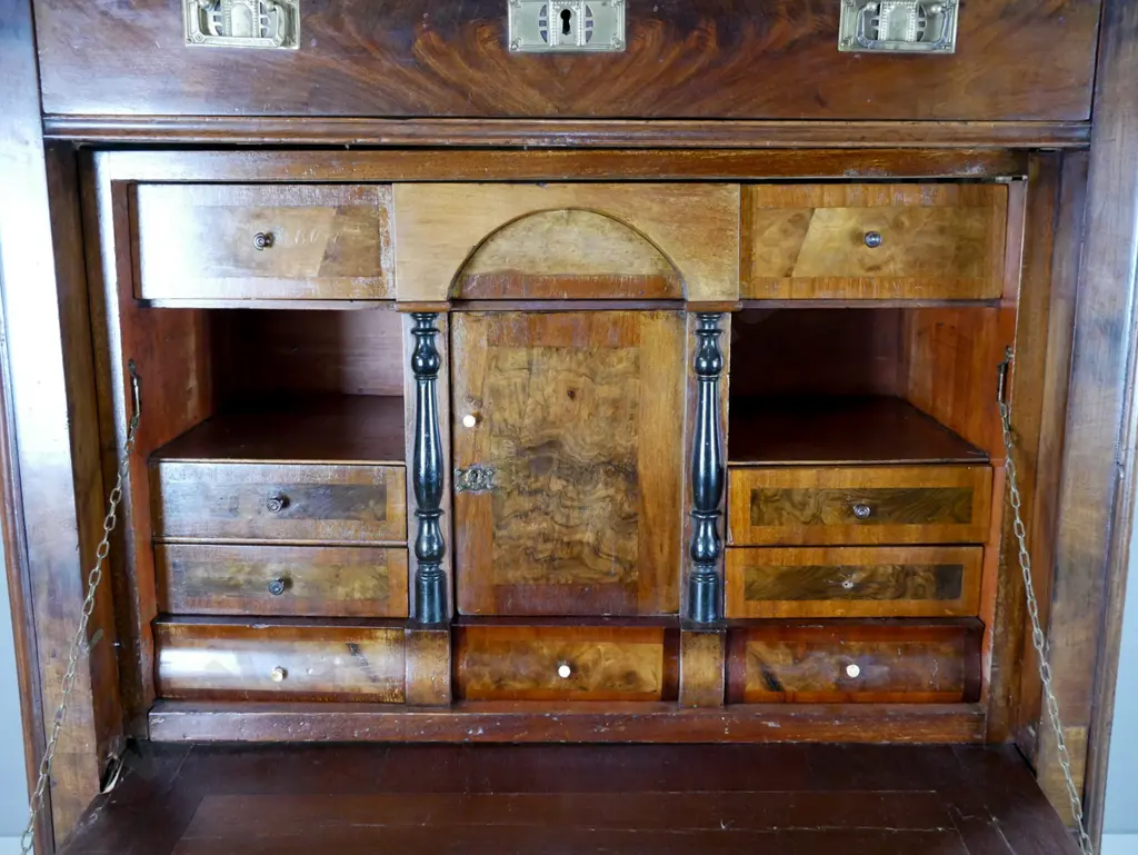 antique French walnut secretaire w/ 4 main drawers, 8 drawers and cupboard inside drop front writing area, figured Image 1++