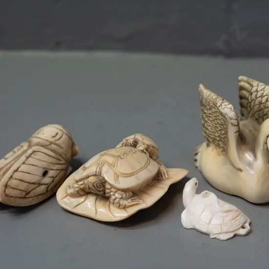 4 faux ivory or bone figures and/or netsuke - animals and insects