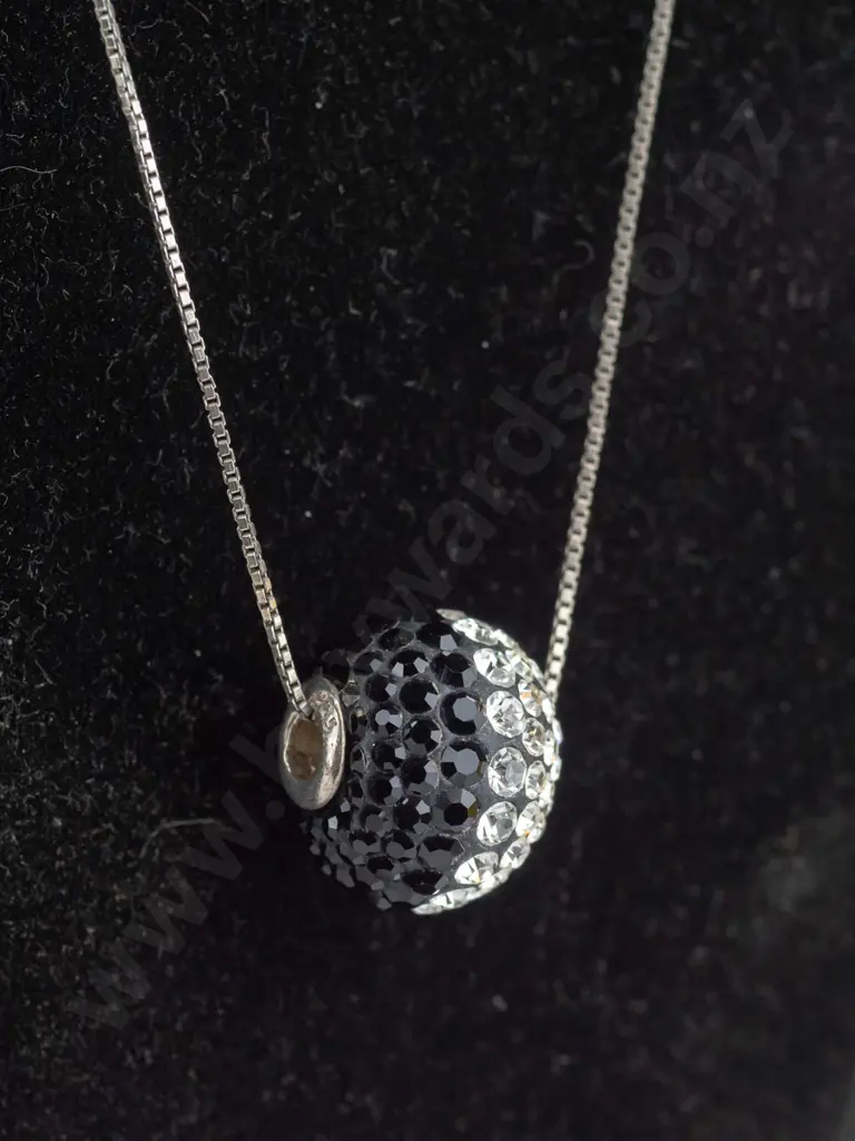 silver black/white crystal ball necklace stamped Image 1++