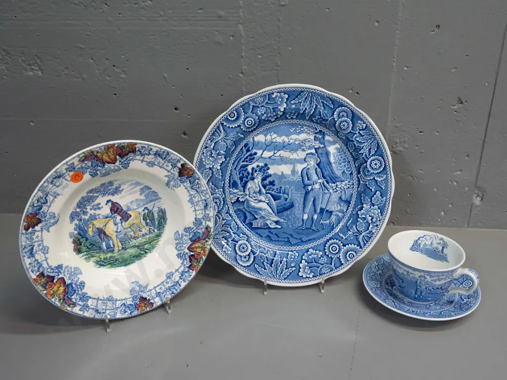 Spode Blue Room Collection "Woodman" pattern plate D-270, cup & saucer, and a vintage Spode hand painted bowl Image 1++