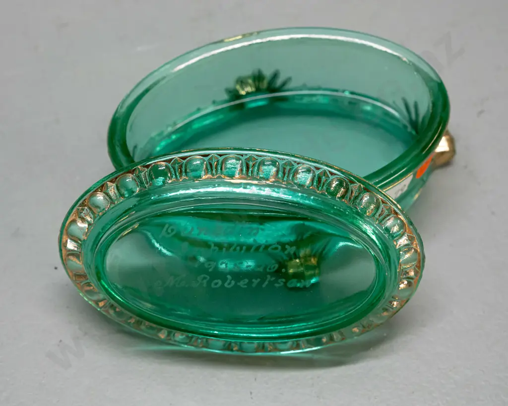 uranium glass lidded trinket with gilt trim, marked M Robertson - Dunedin exhibition 1925-26 - some wear to gilt, nice Image 1++