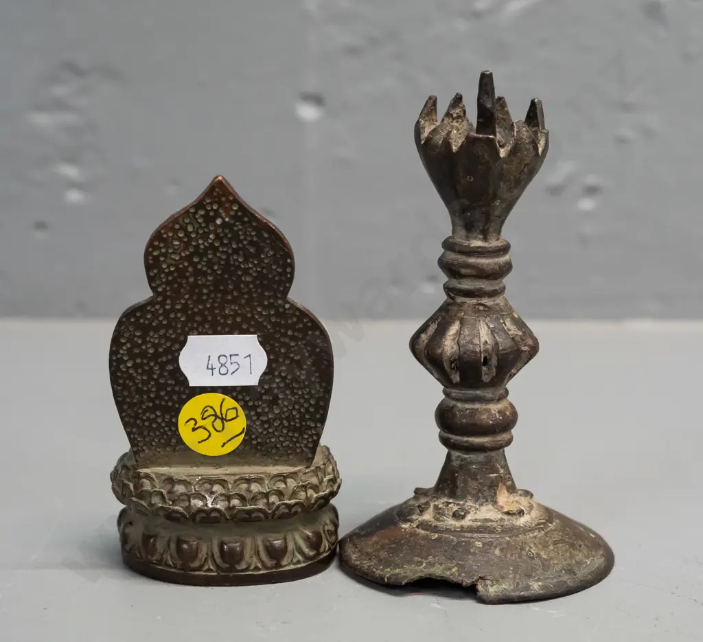 2 small bronze items - Buddha figure and an antique candlestick H-110 has a chip to base and damage at top Image 1++