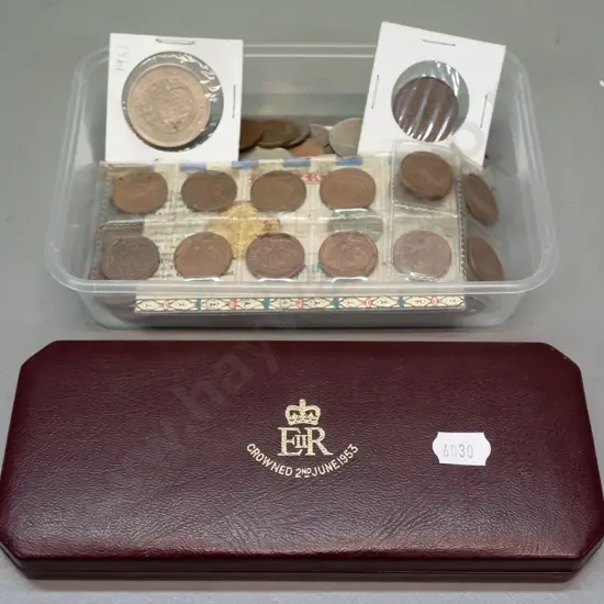 cased English Royal Mint 1953 coronation coin set and a container of assorted coins including some New Zealand