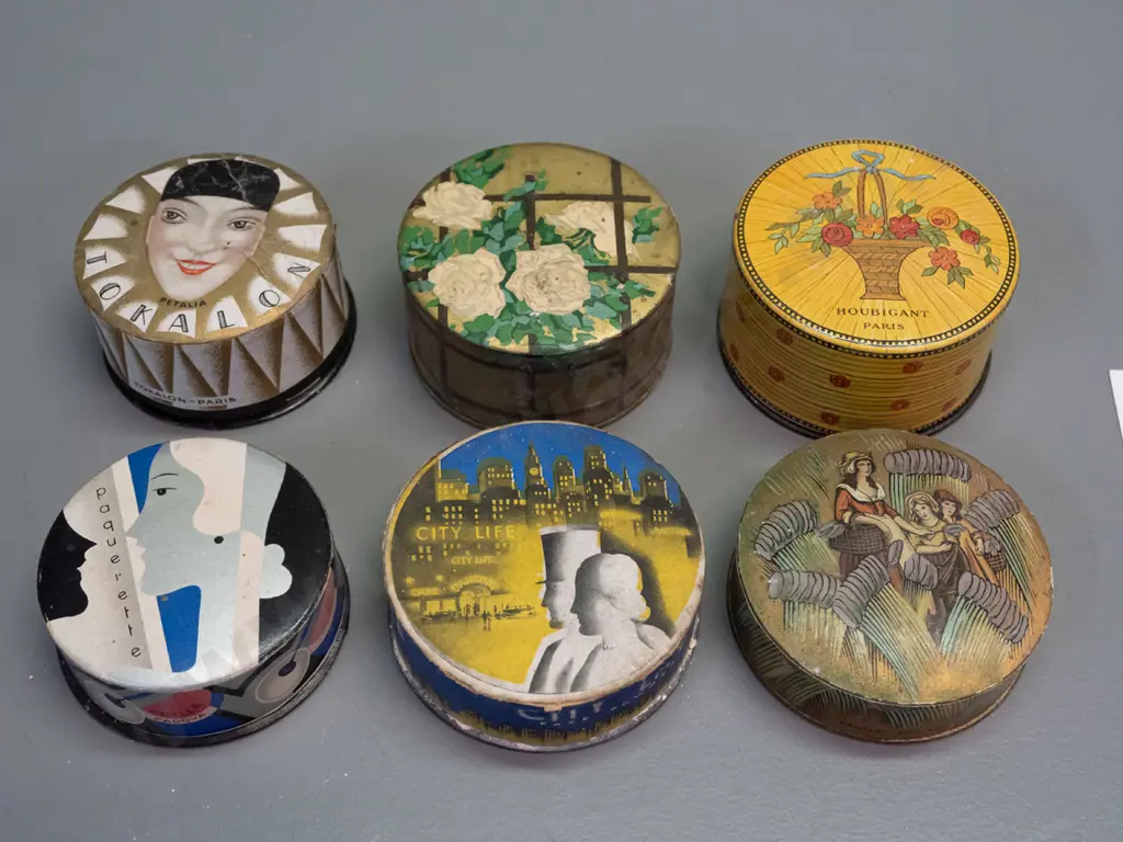 6 vintage cardboard & paper face powder containers with contents, 3 are still sealed - French deco style, Yardley London Image 1++