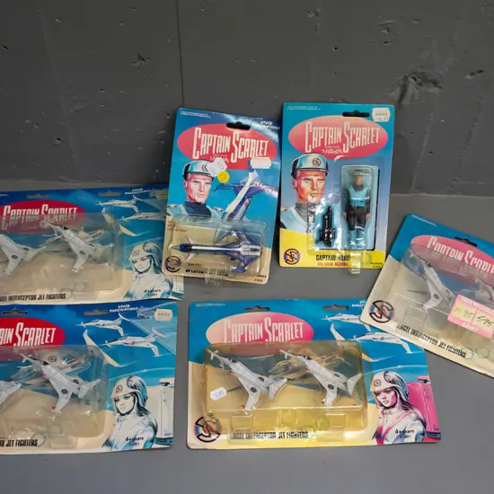 6 carded Captain Scarlett toys in original packaging -   Captain Blue with laser bazooka, Captain Blue's Spectrum Jet