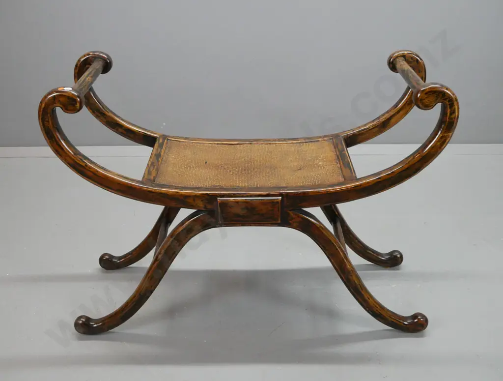 Chinese Regency-style horn chair with scrolling arms and base, lacquered woven inlaid seat, some age & usage wear H-730 Image 1++