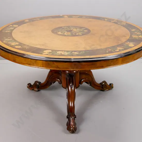 early Victorian walnut round topped centre table with harewood and fruitwood inlaid designs in top, working tilt top