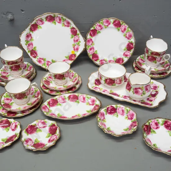 Royal Albert "Old English Rose" tea set. 6x trios, cake plate, sandwich tray, cream & sugar, assorted smaller dishes