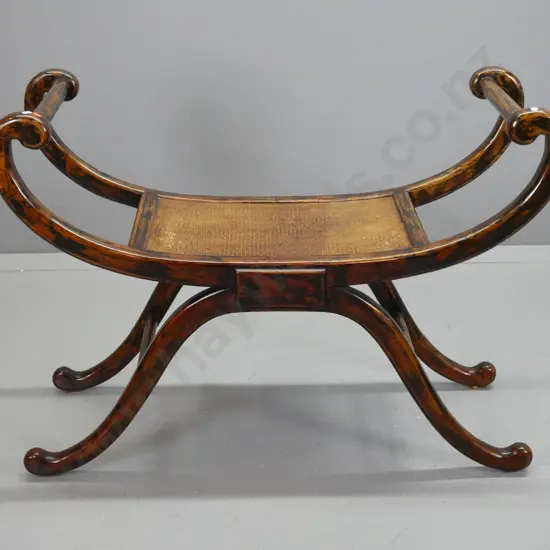 Chinese Regency-style horn chair with scrolling arms and base, lacquered woven inlaid seat, some age & usage wear H-730