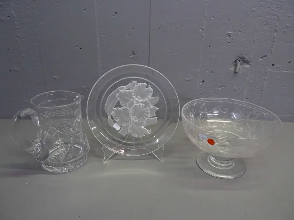 Stuart cut crystal jug and comport and a etched and frosted plate w/ relief floral pattern, unknown maker's mark - some Image 1++